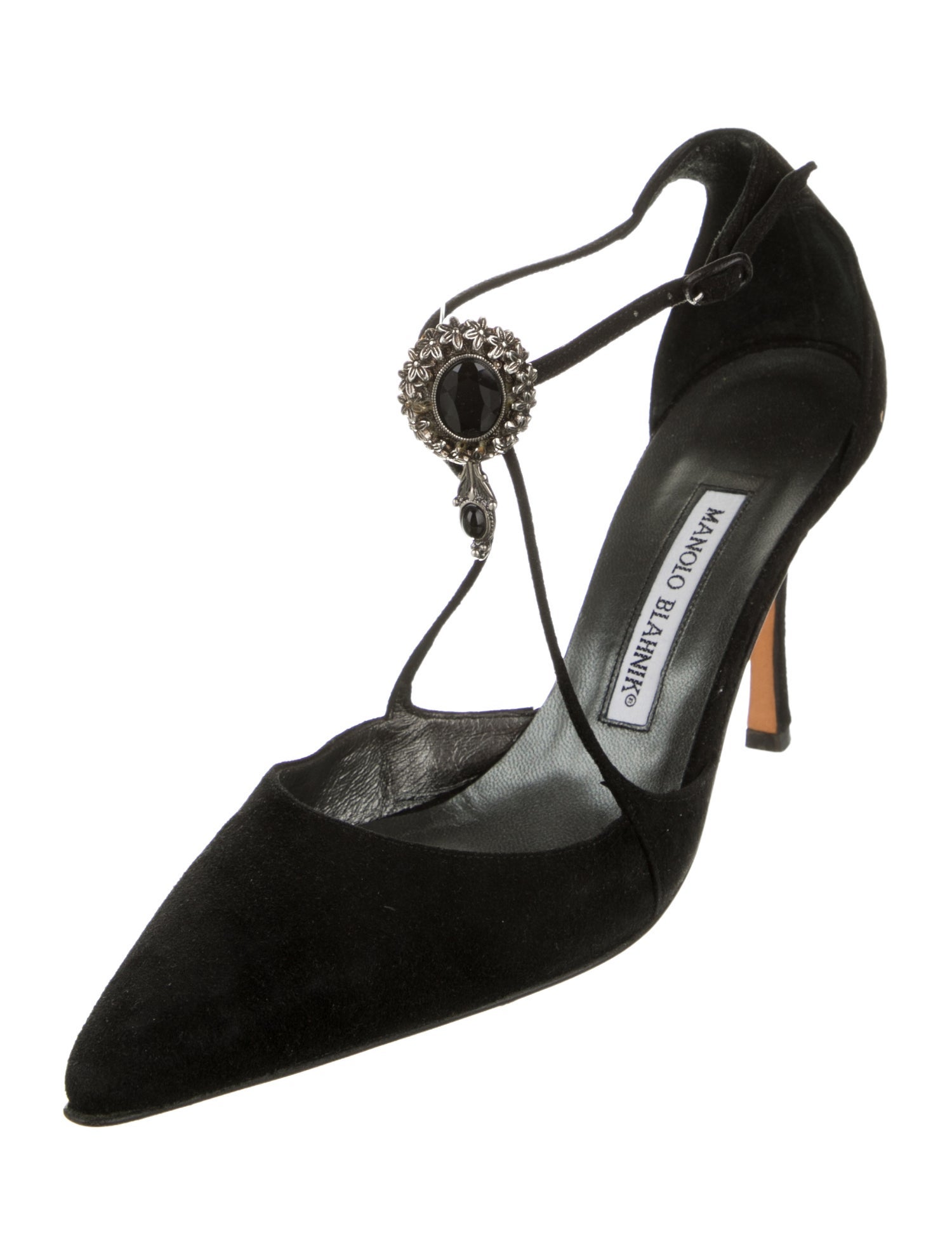 Manolo Blahnik Suede Crystal Embellishments T-Strap Pumps